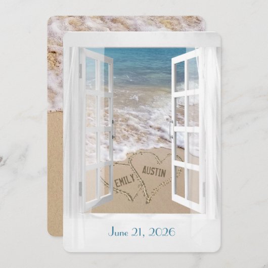 Hochzeiten von Strandherzen im Fenster Einladung (Vorne/Hinten)