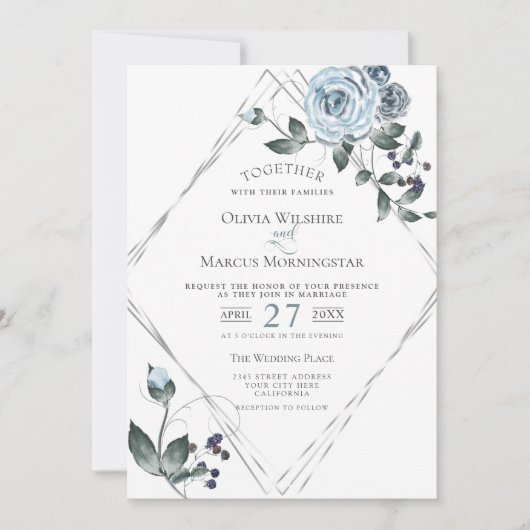 Hochzeitfarbener, blauer, floraler Silberrahmen Einladung (Vorderseite)