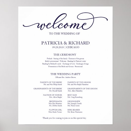 Hochzeitfeier Navy Blue Script-Zeichen Poster (Vorne)
