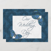 Hochzeitflatter Einladung Butterfly Brocade blau (Vorne/Hinten)