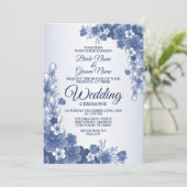 Hochzeitfloralblau grau weiß rustikal einladung (Stehend Vorderseite)
