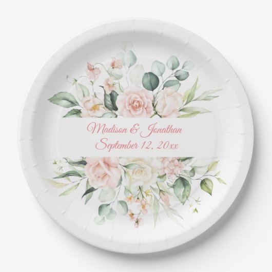 Hochzeitflorale Elegant Pink Chic Date Script Pape Pappteller (Vorderseite)