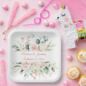 Hochzeitflorale Elegant Pink Chic Datum Skript Pappteller (Party)