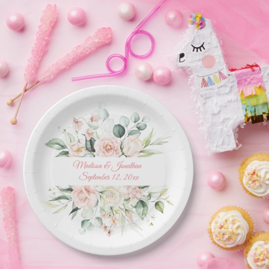 Hochzeitflorale Elegant Pink Chic Datum Skript Pappteller (Party)