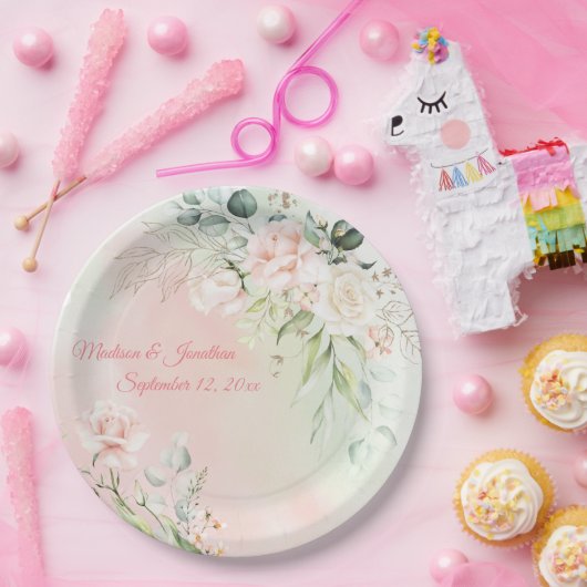 Hochzeitflorale Elegant Pink Chic Girly Script Nam Pappteller (Party)