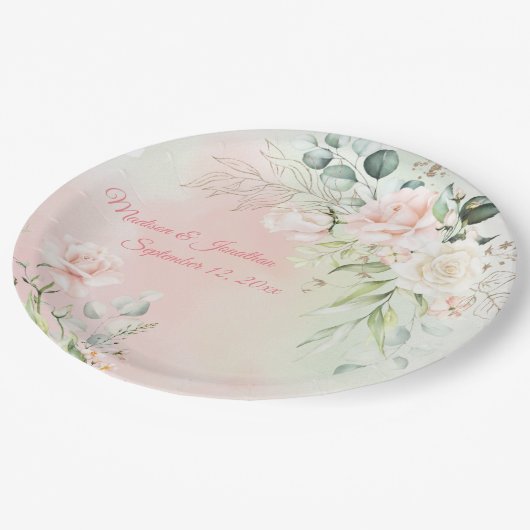 Hochzeitflorale Elegant Pink Chic Girly Script Nam Pappteller (Schrägansicht)