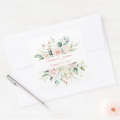 Hochzeitflorale Elegant Rosa Chic Datum Name Quadratischer Aufkleber (Umschlag)