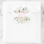 Hochzeitflorale Elegant Rosa Chic Datum Name Quadratischer Aufkleber (Tasche)