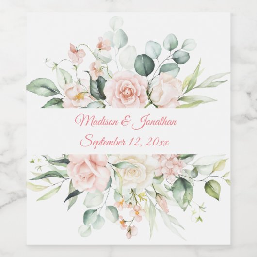 Hochzeitflorale Elegant Rosa Chic Datum Name Weinetikett (Einzelnes Label)
