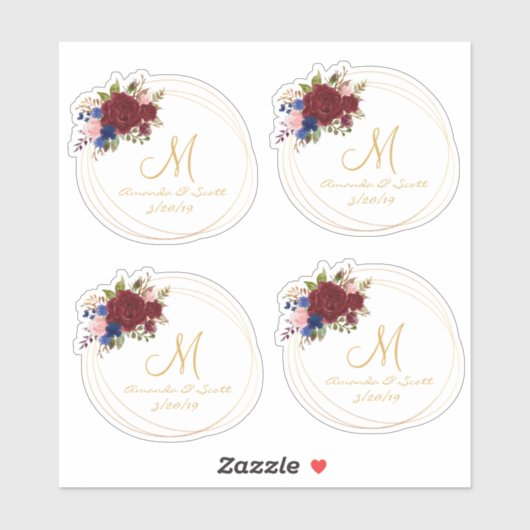 Hochzeitflorale Monogram Burgundy Navy Gold Frame Aufkleber (Blatt)