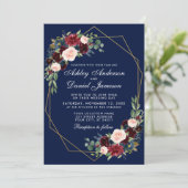 Hochzeitfloraler Blue Burgundy Geometric Gold Fram Einladung (Stehend Vorderseite)