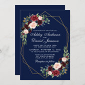 Hochzeitfloraler Blue Burgundy Geometric Gold Fram Einladung (Vorne/Hinten)