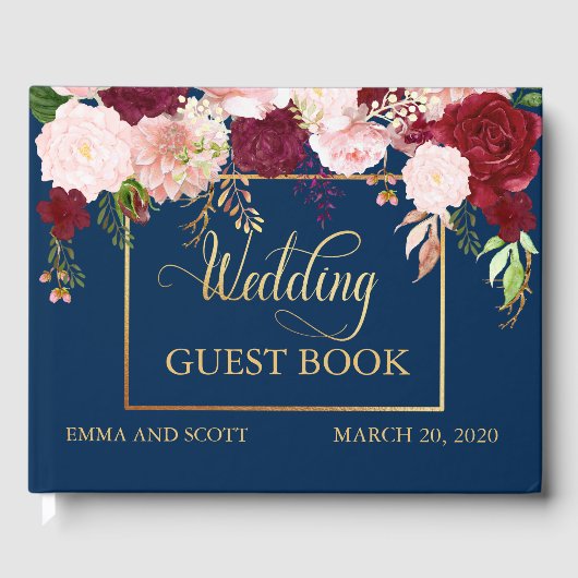 Hochzeitguestbook Burgundy Navy Gold Blume Gästebuch (Vorderseite)