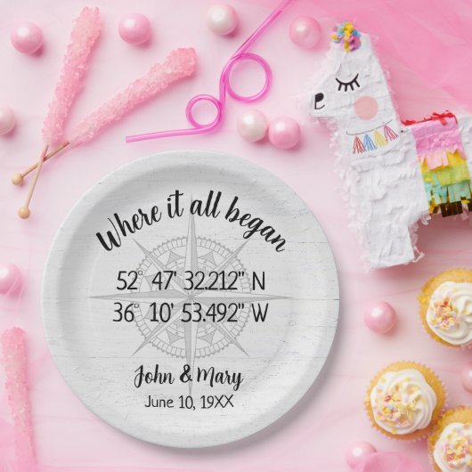 Hochzeitkompass-GPS-Koordinaten Pappteller (Party)