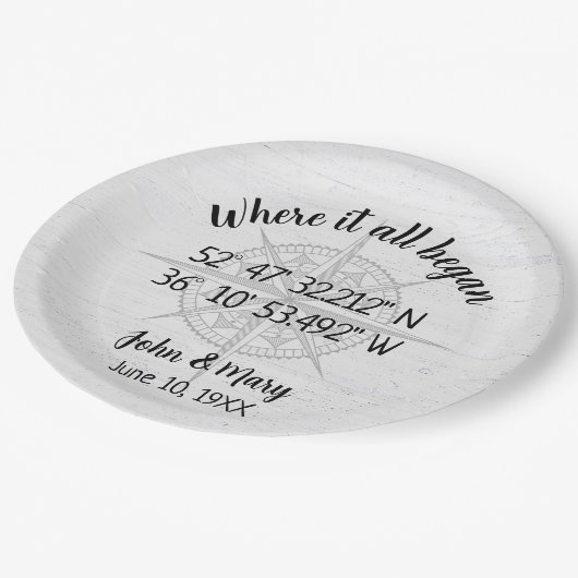 Hochzeitkompass-GPS-Koordinaten Pappteller (Schrägansicht)