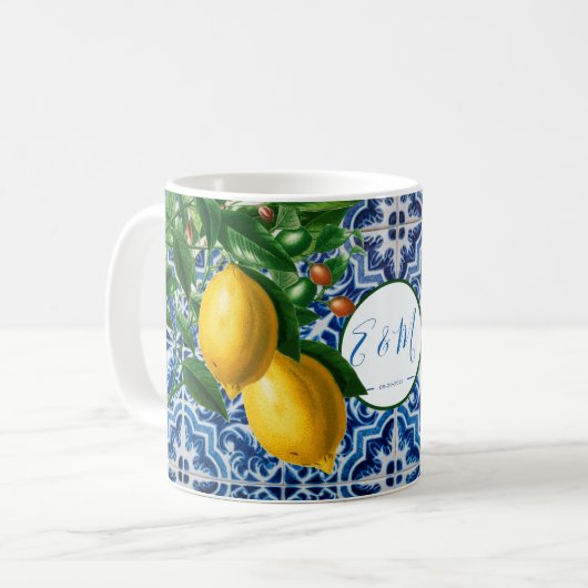 Hochzeitlemons Blue White Tile Summer Monogram Kaffeetasse (Vorderseite Links)