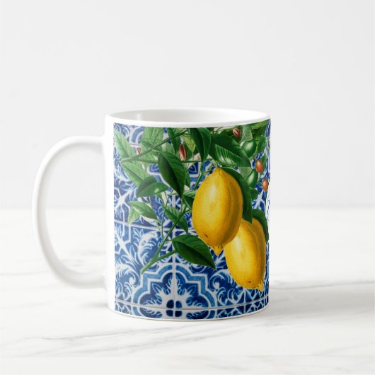 Hochzeitlemons Blue White Tile Summer Monogram Kaffeetasse (Links)