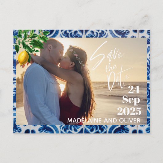 Hochzeitlemons Foto Overlay Modernes Save the Date Ankündigungspostkarte (Vorderseite)
