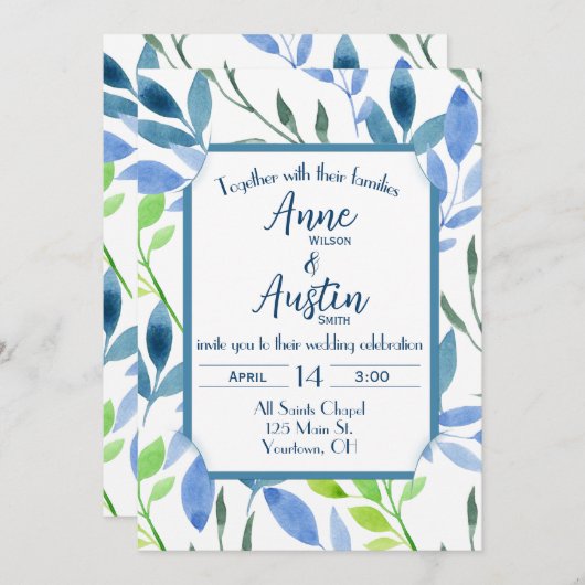 Hochzeitliche Abstrakte Aquarellfarben-Blätter Einladung (Vorne/Hinten)