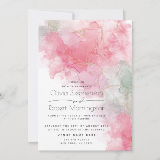 Hochzeitliche Abstrakte Rose mit Alkoholtink und M Einladung (Vorderseite)