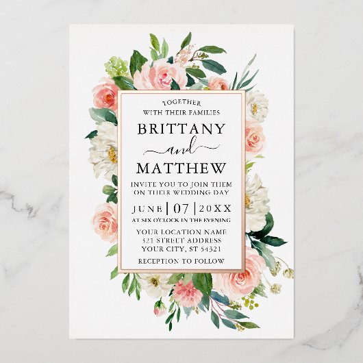 Hochzeitliche Aquarellfarbe Rosa Rose Folieneinladung (Vorderseite)