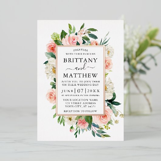 Hochzeitliche Aquarellfarbe Rosa Rose Folieneinladung (Stehend vorne)