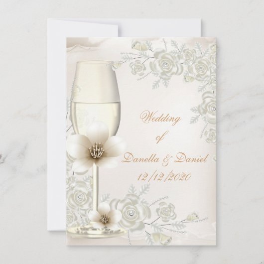 Hochzeitliche Creme Sepia Champagne Glass Blume Einladung (Vorderseite)