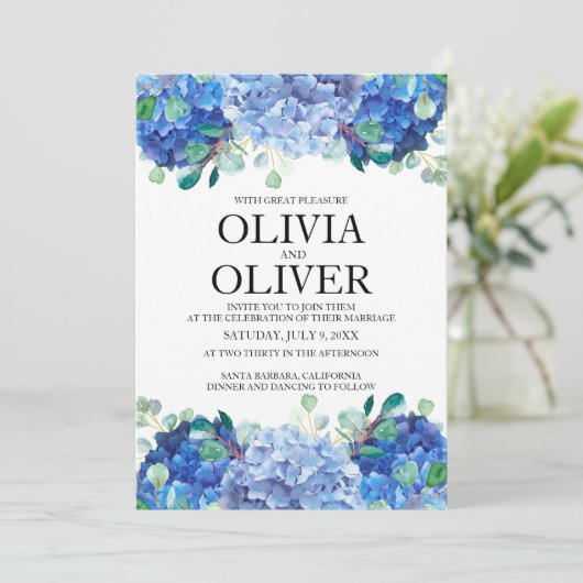 Hochzeitliche Einladung blaues Hydrangea-Eukalyptu (Stehend Vorderseite)