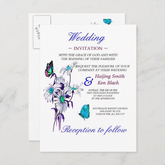 Hochzeitliche Einladung von Schmetterlingen und bl (Vorne/Hinten)