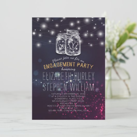 Hochzeitliche Engagement Party Mason Jar Lila Ligh Einladung (Stehend Vorderseite)
