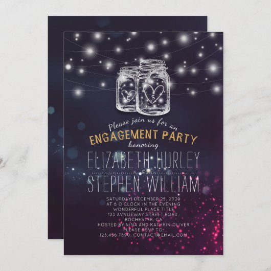 Hochzeitliche Engagement Party Mason Jar Lila Ligh Einladung (Vorne/Hinten)