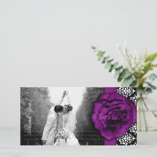 Hochzeitliche Fotokarte Lila Rose Damask Schwarz-w Dankeskarte (Stehend Vorderseite)