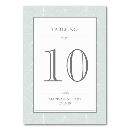 Hochzeitliche Grün Art Deco Elegante Tischnummer K (Vorderseite)