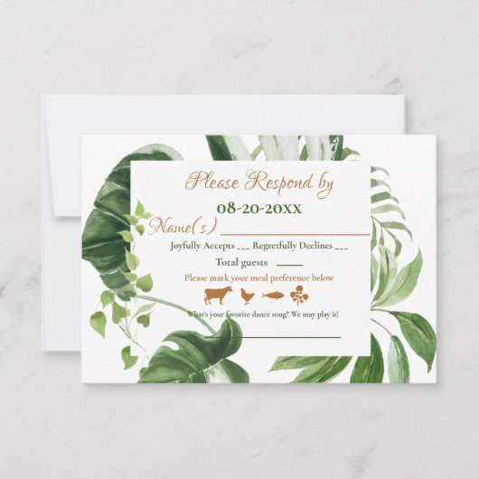 Hochzeitliche grüne Monstera-Blätter RSVP Karte (Vorderseite)