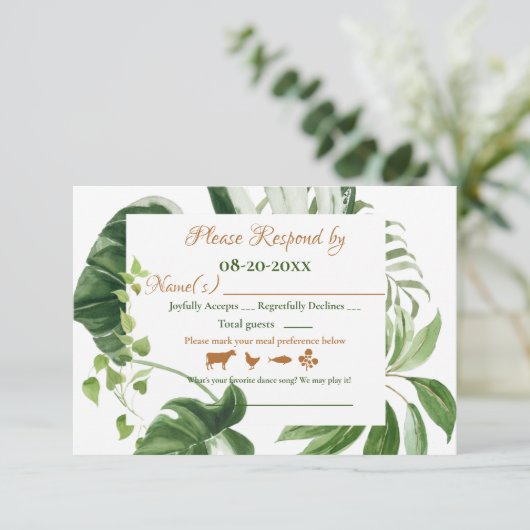 Hochzeitliche grüne Monstera-Blätter RSVP Karte (Stehend Vorderseite)