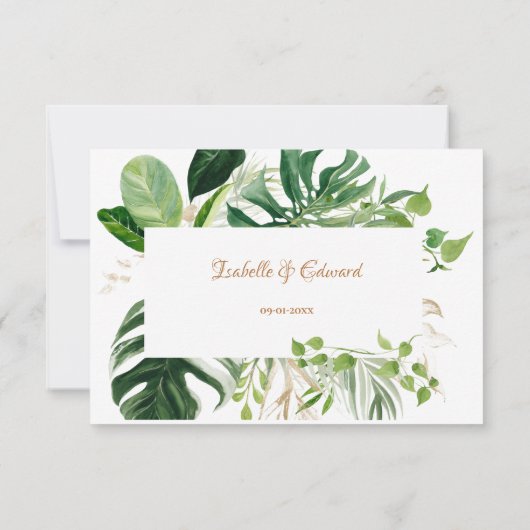 Hochzeitliche grüne Monstera-Blätter RSVP Karte (Rückseite)
