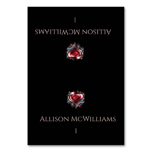 Hochzeitliche Platzkarten - Rose mit moderner Herz Tischnummer (Vorderseite)