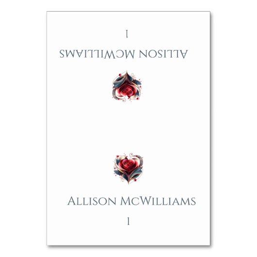 Hochzeitliche Platzkarten - Rose mit moderner Herz Tischnummer (Vorderseite)