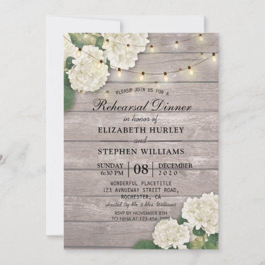 Hochzeitliche Probe Dinner Blume String Light Wood Einladung (Vorderseite)