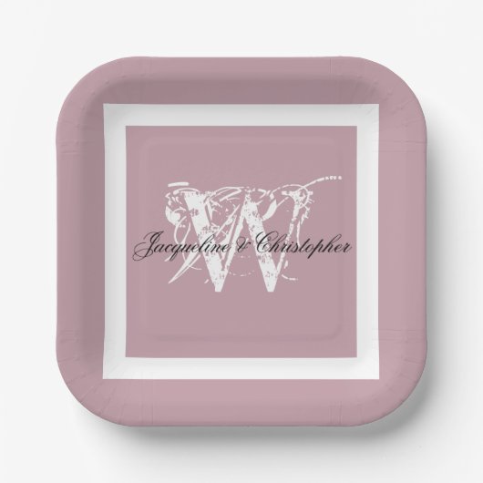 Hochzeitliche rosa, elegante Monogramm und Name Ch Pappteller (Vorderseite)