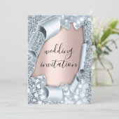 Hochzeitliche Rose 3D-Effekt Blush Glitte Blue Einladung (Stehend Vorderseite)