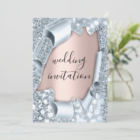 Hochzeitliche Rose 3D-Effekt Blush Glitte Blue Einladung (Stehend Vorderseite)