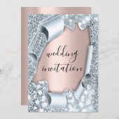 Hochzeitliche Rose 3D-Effekt Blush Glitte Blue Einladung (Vorne/Hinten)