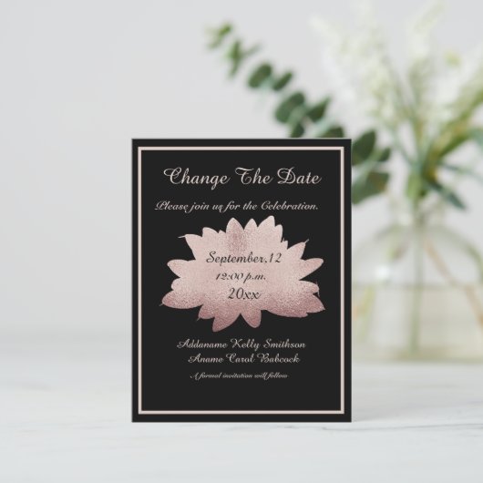 Hochzeitliche Rose Gold Floral Moderner Schwarzer  Save The Date (Stehend Vorderseite)