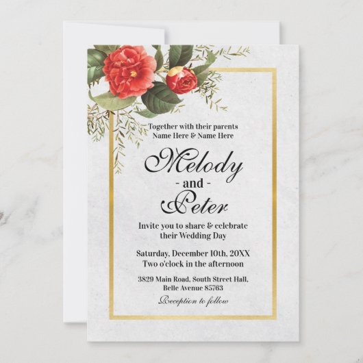 Hochzeitliche Rote Blume Gold Grau Weihnachten Einladung (Vorderseite)