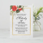 Hochzeitliche Rote Blume Gold Grau Weihnachten Einladung (Stehend Vorderseite)