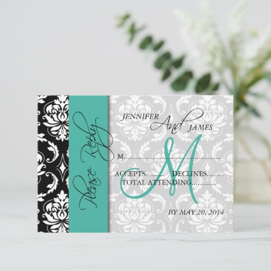 Hochzeitliche RSVP-Karte Damask Türkisblaue Namen RSVP Karte (Stehend Vorderseite)