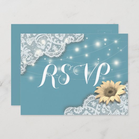 Hochzeitliche RSVP Reply Lace Sunflowers & String Einladungspostkarte (Vorne/Hinten)