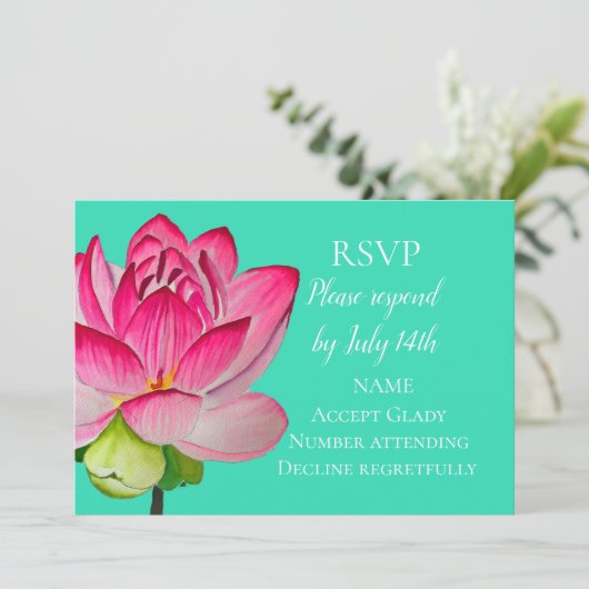 Hochzeitliche RSVP Rosa Lotus Aquarellkunst Blume Einladung (Stehend Vorderseite)
