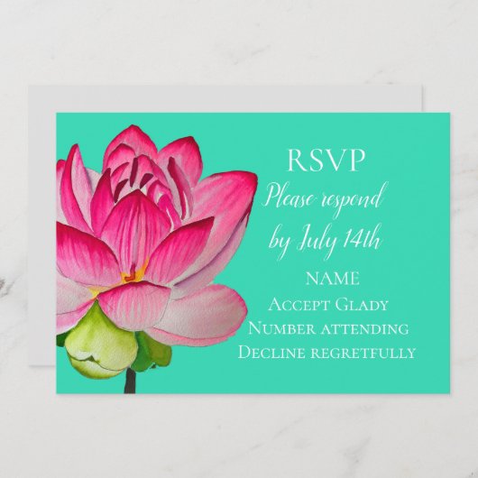 Hochzeitliche RSVP Rosa Lotus Aquarellkunst Blume Einladung (Vorne/Hinten)